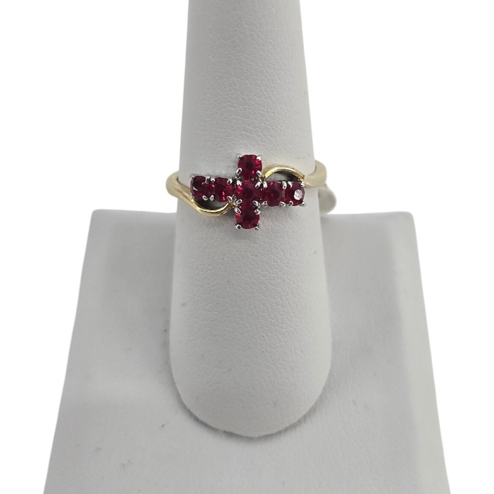Ring Women Size 7.75 14K G.E. Red Faux Ruby Cross Gold Tone